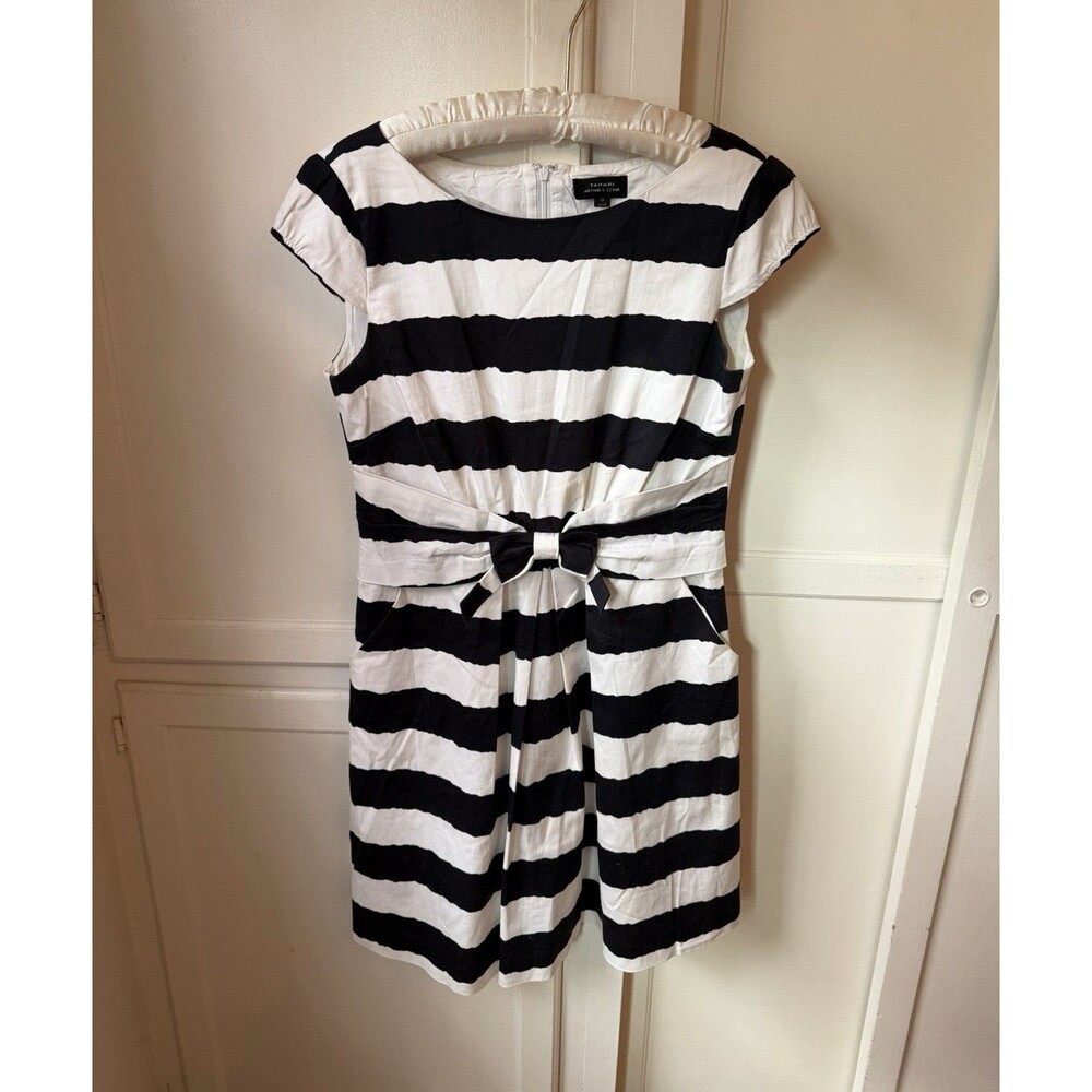 Tahari Arthur S Levine Black White Striped Bow Fit Flare Dress - Size 10